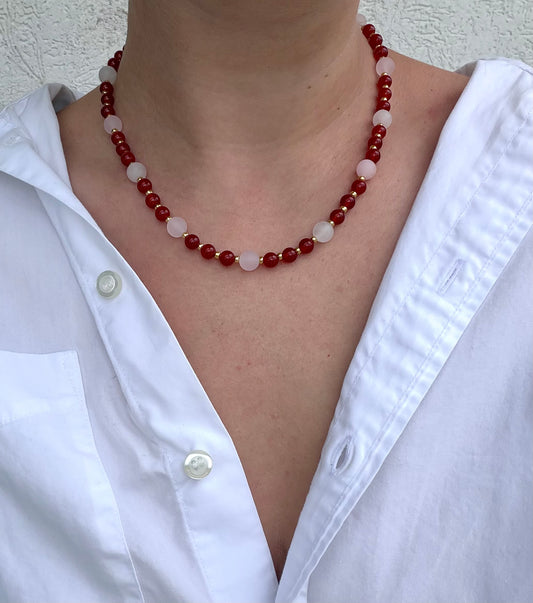 Red Agate and Matte Rose Quartz Necklace